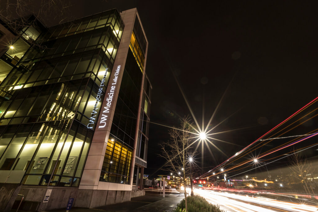 UW image of the SLU Building at night